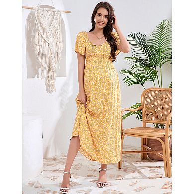 Women Maternity Elegant Square Neck Short Sleeve Floral Dress
