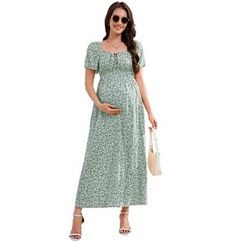 Women Maternity Elegant Square Neck Short Sleeve Floral Dress