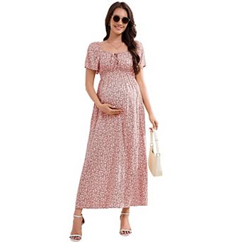 Women Maternity Elegant Square Neck Short Sleeve Floral Dress