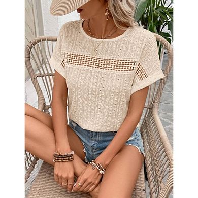 Women's Hollow Out Lace Short Sleeve Top Round Neck Pullover Batwing Sleeve Shirt