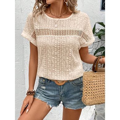 Women's Hollow Out Lace Short Sleeve Top Round Neck Pullover Batwing Sleeve Shirt