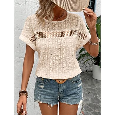 Women's Hollow Out Lace Short Sleeve Top Round Neck Pullover Batwing Sleeve Shirt