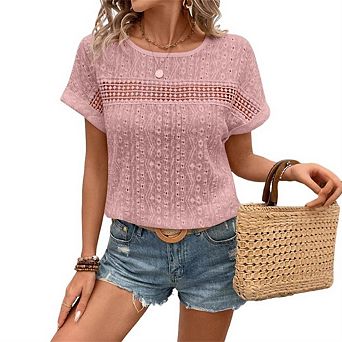 Women's Hollow Out Lace Short Sleeve Top Round Neck Pullover Batwing Sleeve Shirt