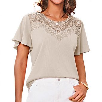 Womens Lace Trim Blouse Elegant Ribbed Knit Round Neck Ruffle Short Sleeve Top for Daily Office