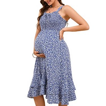 Maternity Floral Midi Dress Summer Smocked Spaghetti Strap Double Ruffle Hem Summer Dresses