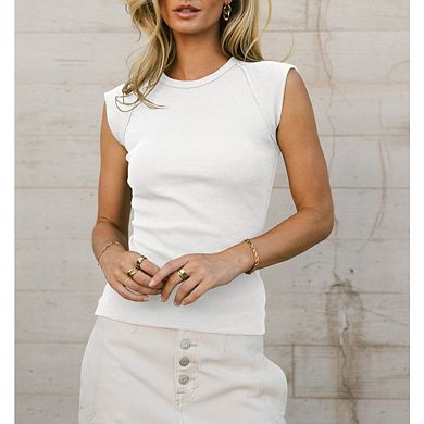 Women's Casual Solid Color Ribbed Camisole Tank Top Round Neck Slim Fit Knit Basic T-Shirt