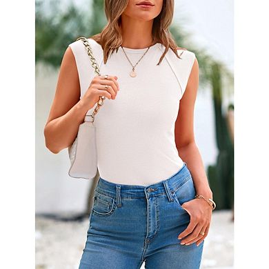 Women's Casual Solid Color Ribbed Camisole Tank Top Round Neck Slim Fit Knit Basic T-Shirt