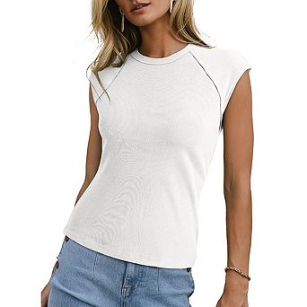 Women's Casual Solid Color Ribbed Camisole Tank Top Round Neck Slim Fit Knit Basic T-Shirt