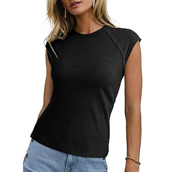 Women's Casual Solid Color Ribbed Camisole Tank Top Round Neck Slim Fit Knit Basic T-Shirt