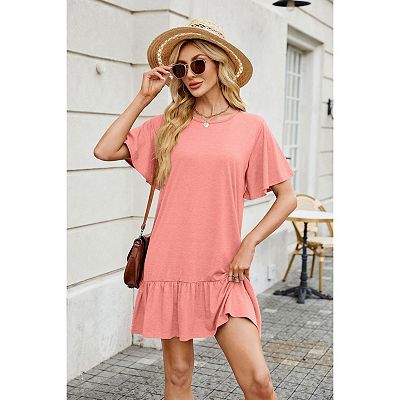 women's short casual summer dresses Women Summer Casual Dresses Ruffle Hem Short Sleeve Loose Swing Tunic Mini  Dress