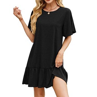 Women Summer Casual Dresses Ruffle Hem Short Sleeve Loose Swing Tunic Mini Dress