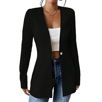 Women's Casual V-Neck Slim Fit Blazer Long Sleeve Single Button Opening Solid Color Blazer