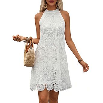 Womens Beach Lace Halter Dress Sleeveless Scalloped Hem Back Tie Mini Dress for Pool Party