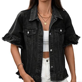Women's Short Sleeve Denim Jacket With Ruffle Trim Casual Distressed Jean Shacket