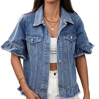 Women's Short Sleeve Denim Jacket With Ruffle Trim Casual Distressed Jean Shacket