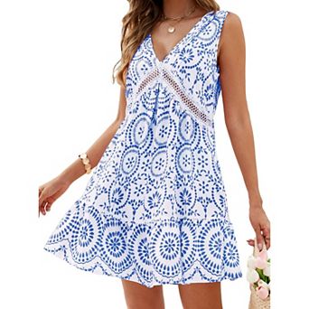 Women Spaghetti Strap Dress Floral Print V-Neck Sleeveless Vintage Lace A-Line Beach Dresses