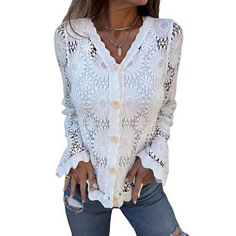 Women's Hollow Out Lace V-Neck Long-Sleeve Top Embroidered Flared Long Sleeve Cardigan