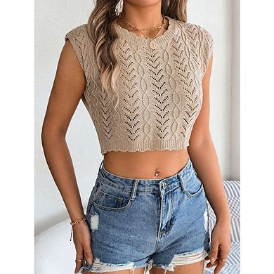 Women's Openwork Round Neck Knitted Short Vest Sleeveless Crop Top Lightweight Knitted Short Sleeve