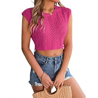 Women's Openwork Round Neck Knitted Short Vest Sleeveless Crop Top Lightweight Knitted Short Sleeve