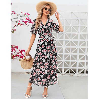 Ladies' V-neck Patterned Fabric Waist Lace up Slit Flowing Dress