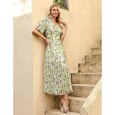 Ladies' V-neck Patterned Fabric Waist Lace up Slit Flowing Dress