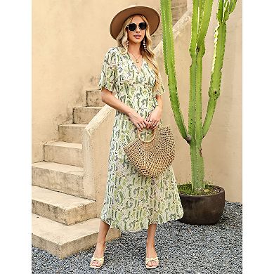 Ladies' V-neck Patterned Fabric Waist Lace up Slit Flowing Dress