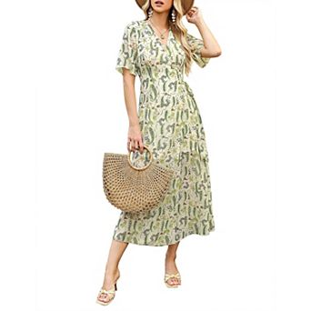 Ladies' V-neck Patterned Fabric Waist Lace up Slit Flowing Dress