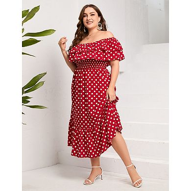 Large Women's One Shoulder Souble Layered Ruffle Collar Printed Long Dress