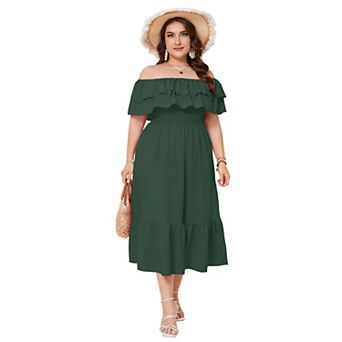 Large Women's One Shoulder Souble Layered Ruffle Collar Printed Long Dress