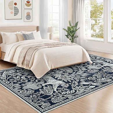 Tiger Botanical Washable Area Rug, Vintage Soft Low Pile, Non-Slip Thin Floor Carpet