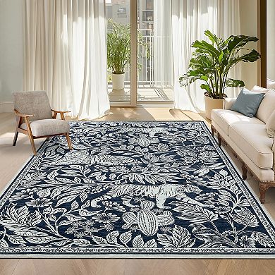 Tiger Botanical Washable Area Rug, Vintage Soft Low Pile, Non-Slip Thin Floor Carpet