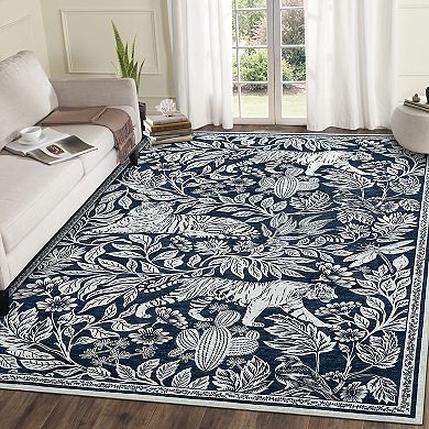 Tiger Botanical Washable Area Rug, Vintage Soft Low Pile, Non-Slip Thin Floor Carpet