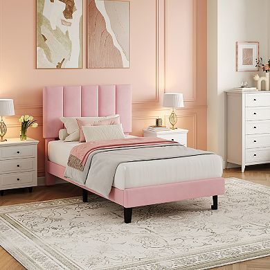 Velvet Upholstered Bed Frame with Adjustable Tufted Headboard, No Box Spring Required