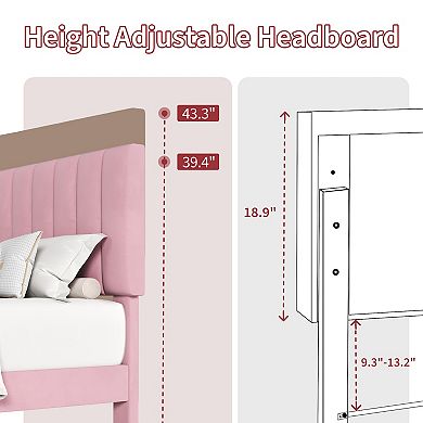 Velvet Upholstered Bed Frame with Adjustable Tufted Headboard, No Box Spring Required