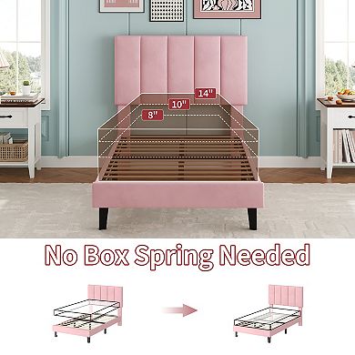 Velvet Upholstered Bed Frame with Adjustable Tufted Headboard, No Box Spring Required