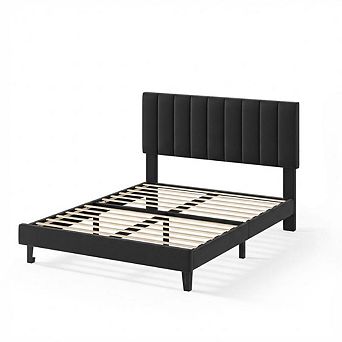 Velvet Upholstered Bed Frame with Adjustable Tufted Headboard, No Box Spring Required