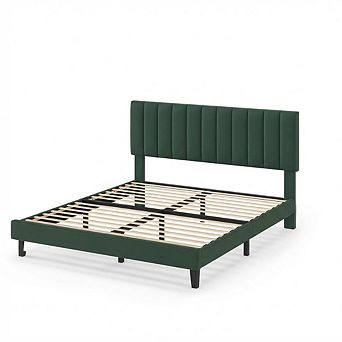 Velvet Upholstered Bed Frame with Adjustable Tufted Headboard, No Box Spring Required