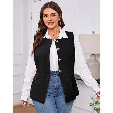 Women Dressy Sleeveless Suit Jacket Button Down Round Neck Business Blazer