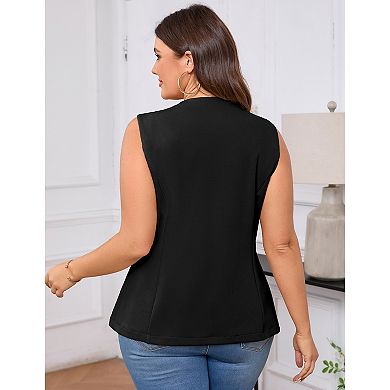 Women Dressy Sleeveless Suit Jacket Button Down Round Neck Business Blazer