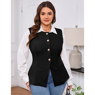 Women Dressy Sleeveless Suit Jacket Button Down Round Neck Business Blazer