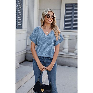 Women's Casual Business V-neck Shirt Solid Color Loose Fit Short Sleeve Top