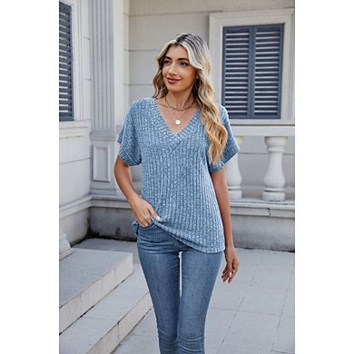 Women's Casual Business V-neck Shirt Solid Color Loose Fit Short Sleeve Top