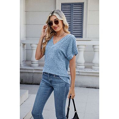 Women's Casual Business V-neck Shirt Solid Color Loose Fit Short Sleeve Top