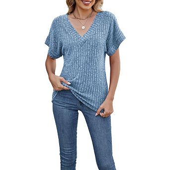 Women's Casual Business V-neck Shirt Solid Color Loose Fit Short Sleeve Top