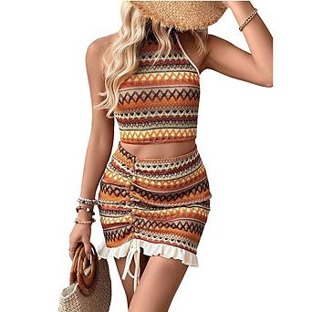 Women Boho Knit 2 pc Set Halter Crop Top & Ruched Mini Skirt with Ruffle Hem