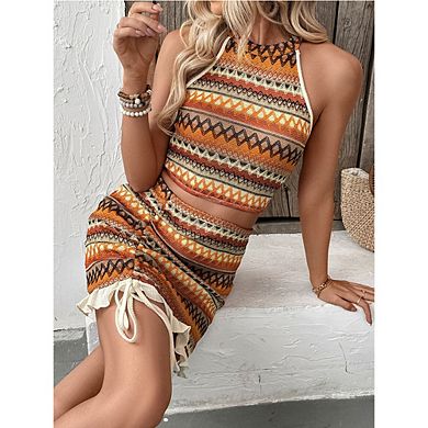 Women Boho Knit 2-Piece Set Halter Crop Top & Ruched Mini Skirt with Ruffle Hem
