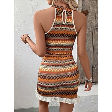 Women Boho Knit 2-Piece Set Halter Crop Top & Ruched Mini Skirt with Ruffle Hem