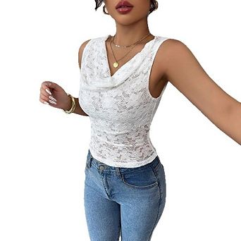 Women's Drop Neck Lace Camisole V-Neck Slim Fit Sleeveless Top Y2K Hollow Out Waist cinching Top