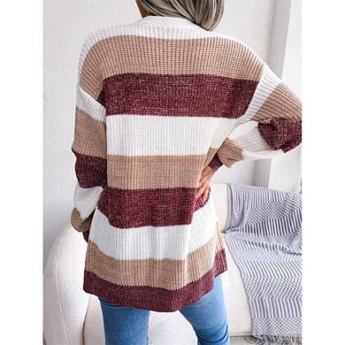 Women's Causal Striped Cardigan Sweaters Long Sleeve Open Front Button Down Knit Cardigan Outwear