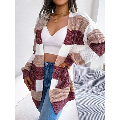 Women's Causal Striped Cardigan Sweaters Long Sleeve Open Front Button Down Knit Cardigan Outwear
